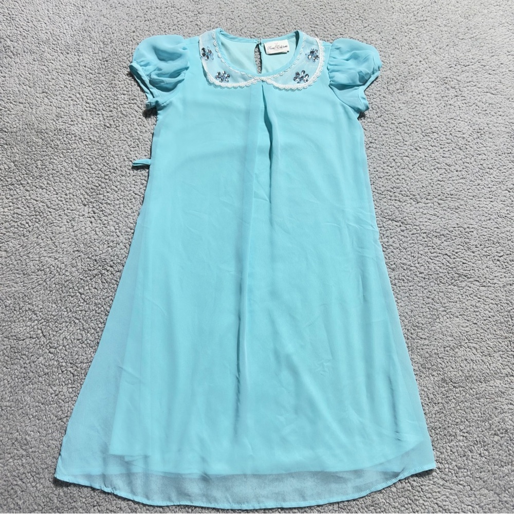 👉 Rare Editions Girls 16 Blue Short Sleeve Party Dress Embellished Collar Boho
